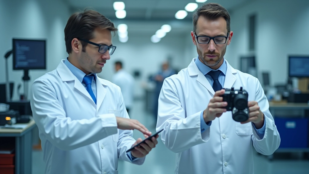 Ingénieurs et techniciens travaillant dans un laboratoire d'essais aéronautiques avec équipements de pointe