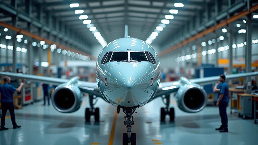Usine de production aéronautique avec des cellules d'avions en cours d'assemblage sur les chaînes de montage
