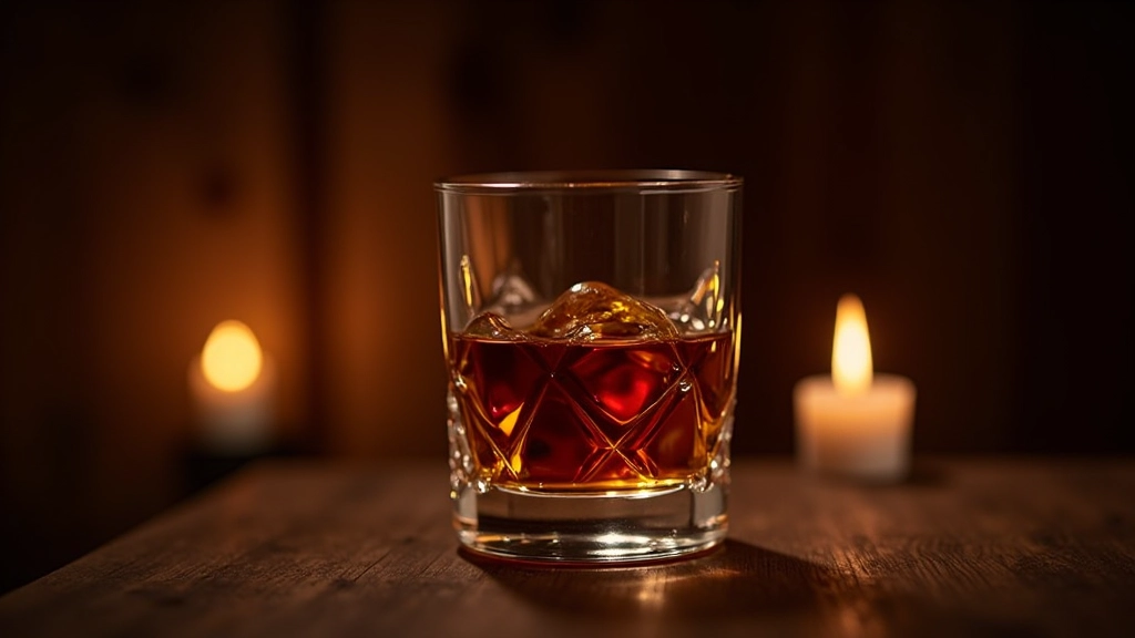 Verre de cognac amber, décanteur en cristal, ambiance sophistiquée de dégustation, bouteille de spiritueux premium