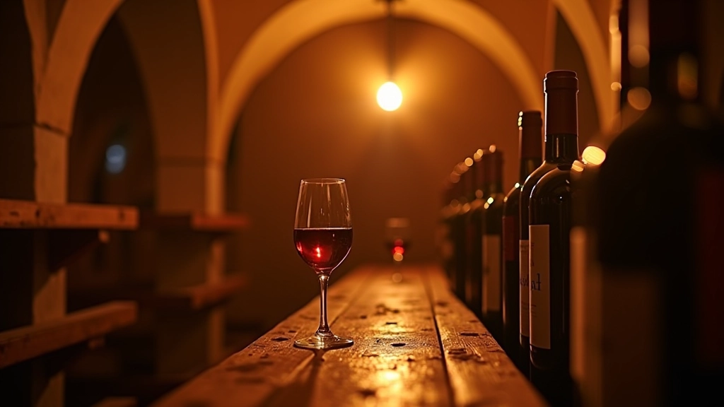 Bouteilles de vin français de luxe dans une cave traditionnelle avec lumière dorée