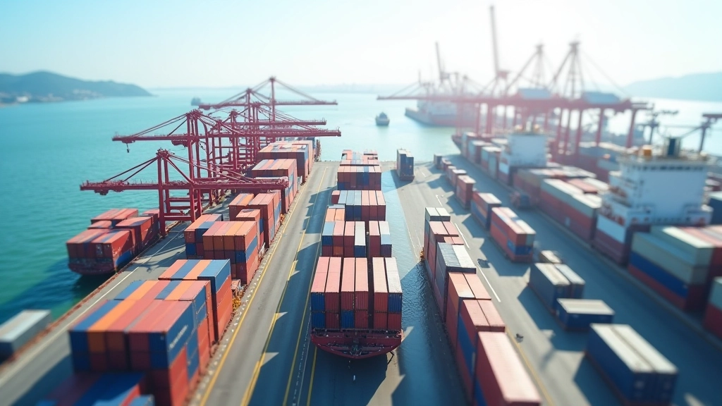 Port maritime avec conteneurs, navire cargo, logistique mondiale, chaîne d'approvisionnement, commerce international