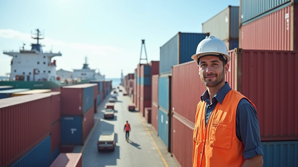 Conteneurs de cargo colorés empilés dans un port maritime avec navires commerciaux en arrière-plan