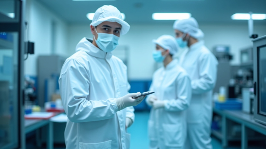 Usine de production pharmaceutique avec technologie moderne et chercheurs en combinaisons stériles travaillant