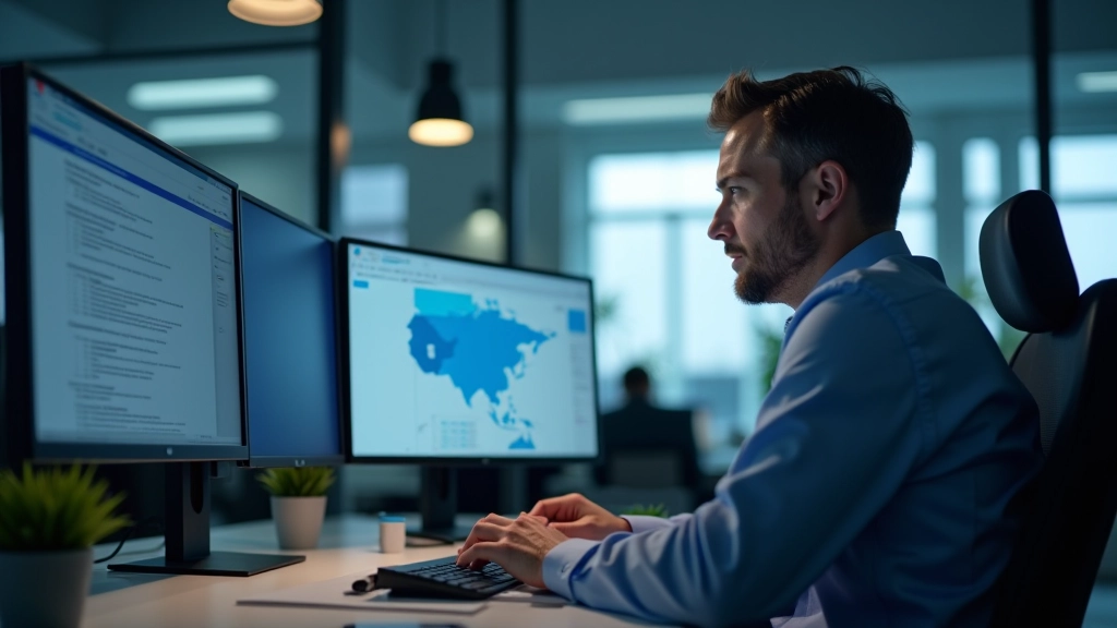 Technicien travaillant avec écran de surveillance logistique et données en temps réel