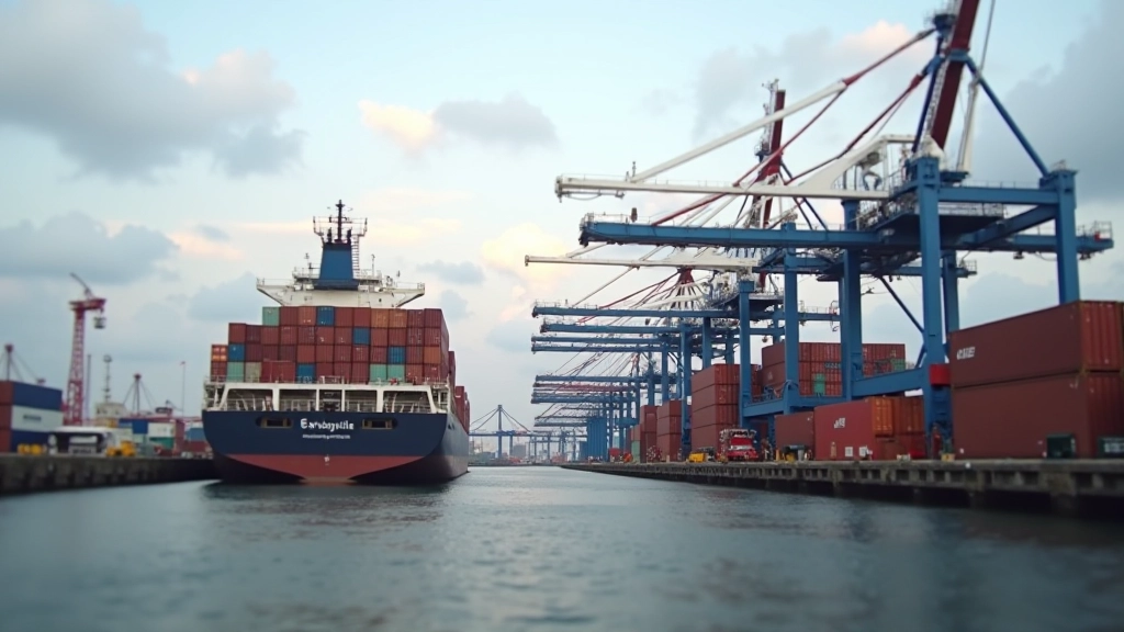 Port maritime avec conteneurs de cargo, navires de transport, chaîne logistique internationale