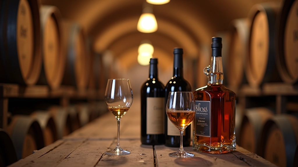 Vignobles français avec caves à vin et bouteilles de spiritueux premium