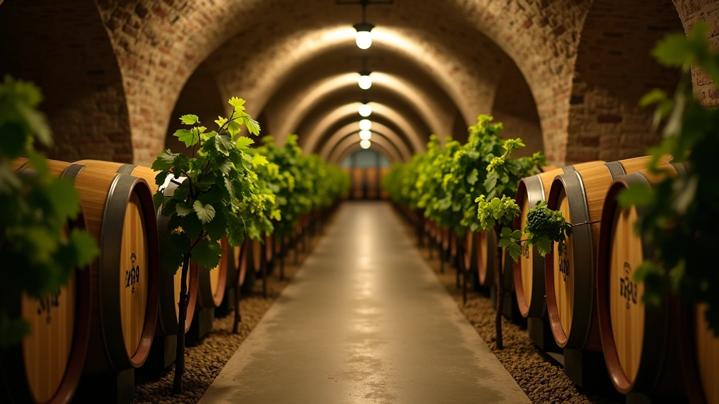 Vignobles français avec rangées de vignes et tonneaux de vin en cave de vieillissement