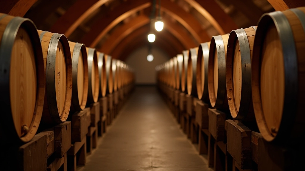 Fûts de chêne empilés dans une cave de vieillissement, cave à vin souterraine avec tonneaux, intérieur de cave historique française